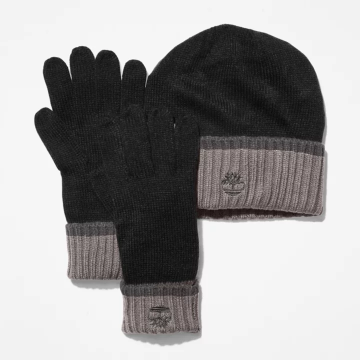 Conjunto de gorro e luvas unissex na cor preta.