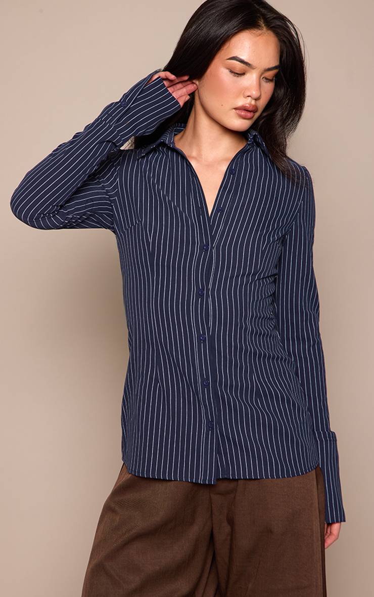 Bleu Marine Chemise Cintrée Tissée À Fines Rayures
