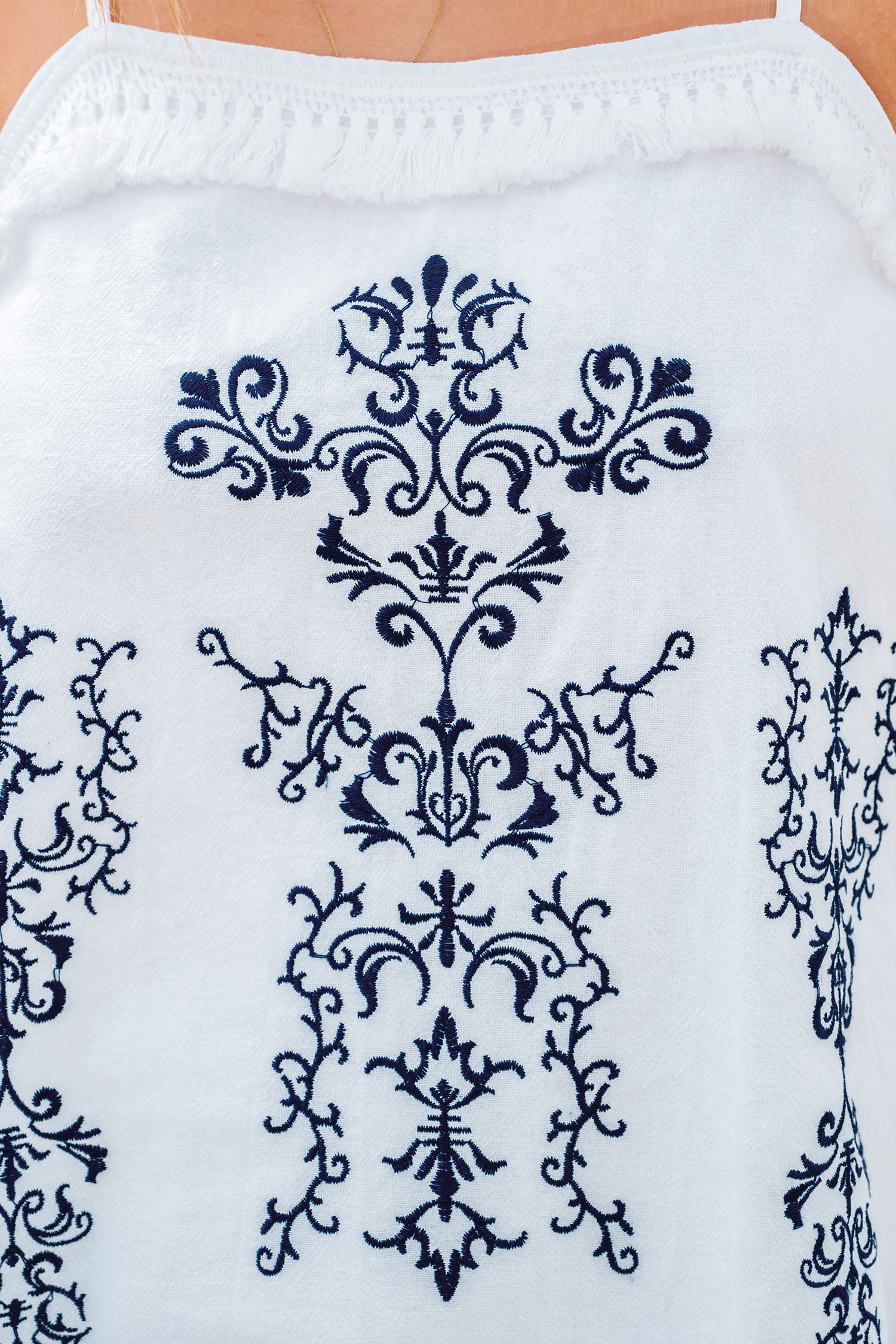 Débardeur à col carré en pur coton et broderie avec pompons blanc