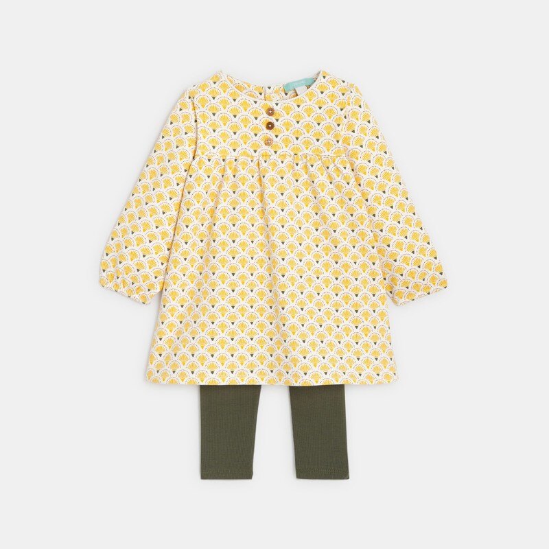 Robe en molleton imprimé jaune et legging vert bébé fille Jaune