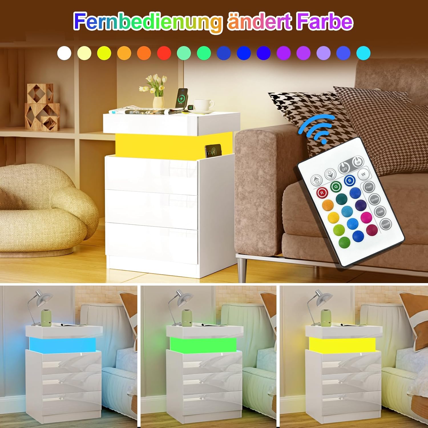 Nachttisch weiß led, 3 Schubladen, Nachttisch mit USB, AC Steckdosen, 2 USB-Anschlüsse, Hochglanz, Verstecktem Schublade, Beistelltisch Nachtschrank für Schlafzimmer Wohnzimmer