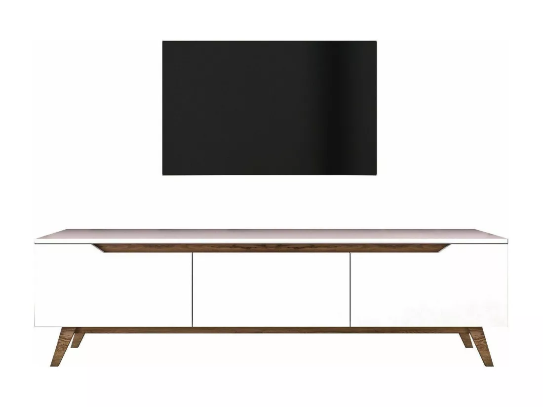 Meuble TV Cor, Buffet de salon, Armoire basse pour TV, Base murale de rangement, 180x35h49 cm, Blanc et Noyer