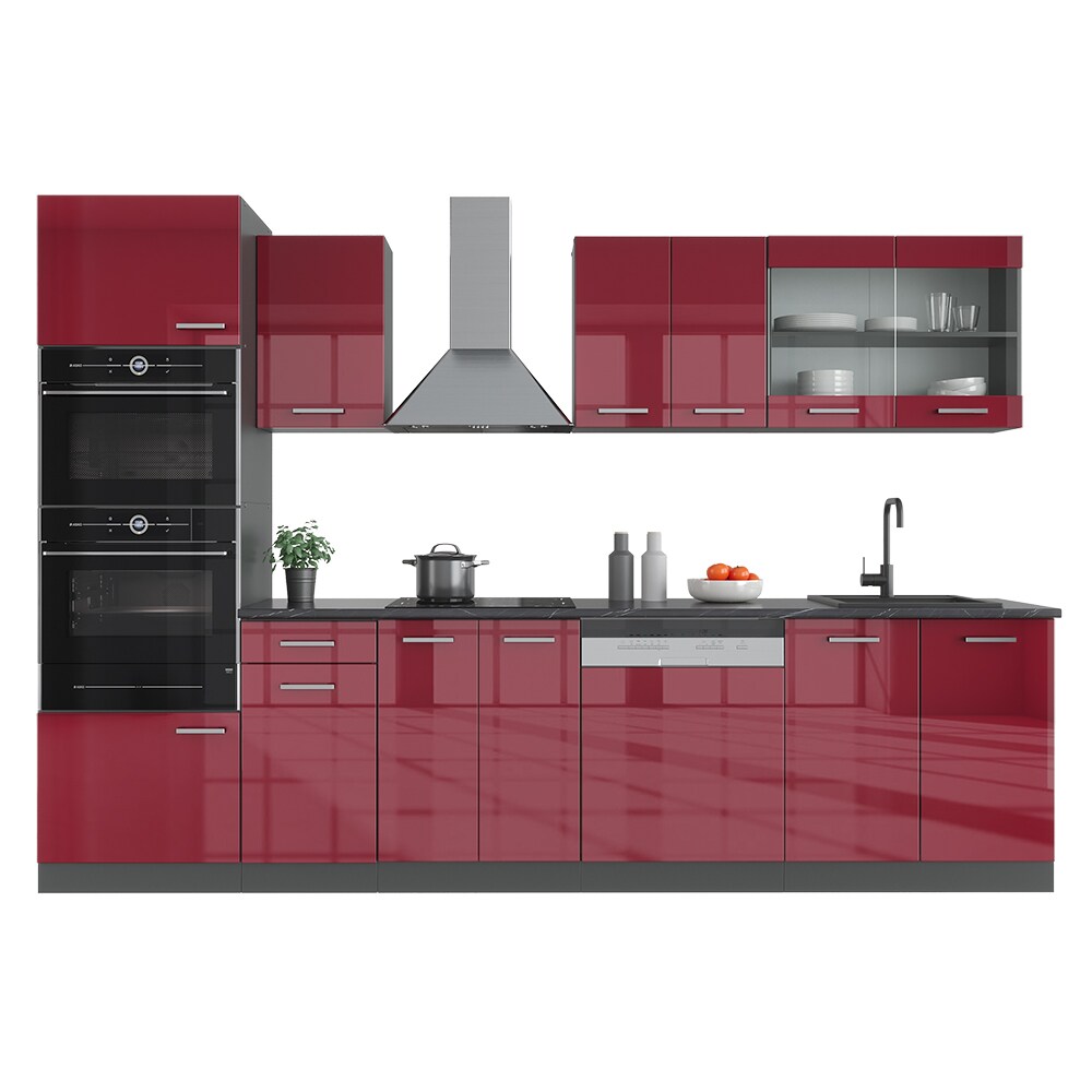 VICCO KÜCHE R-LINE 300 CM KÜCHENZEILE KÜCHENBLOCK EINBAUKÜCHE ANTHRAZIT BORDEAUX HOCHGLANZ