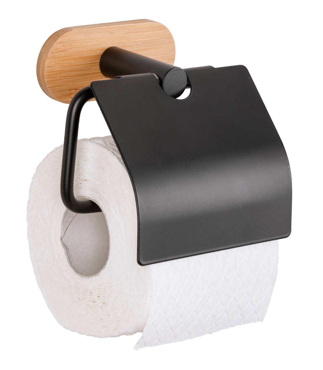 Wenko Orea Turbo-Loc Bamboo toiletrolhouder met klep zwart mat