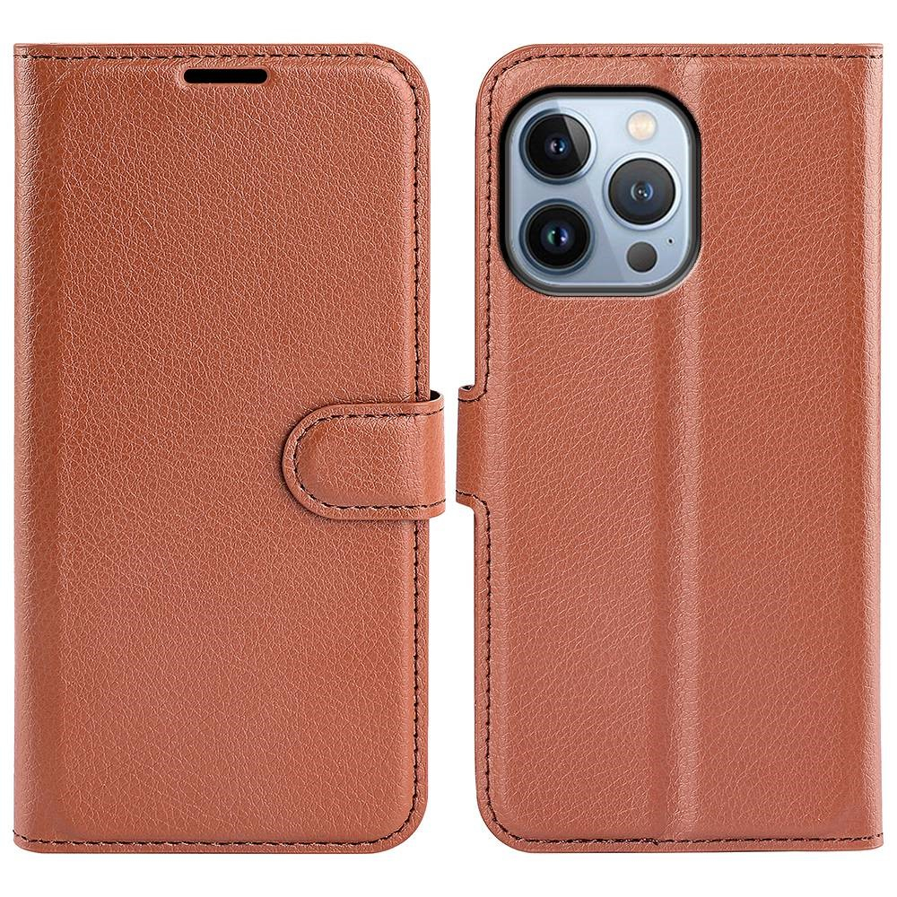 iPhone 14 Pro Leder Tasche Flip Cover Litchi Look - Braun
