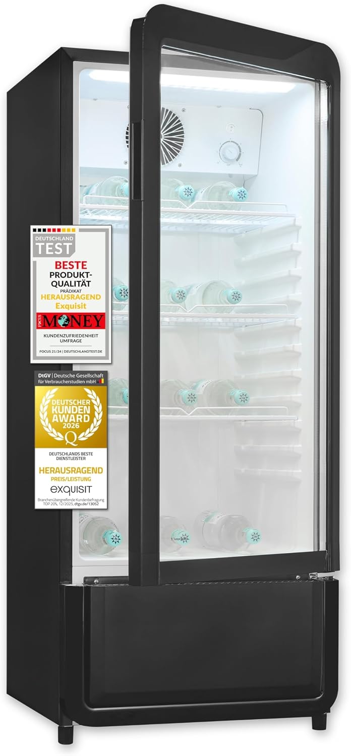 Exquisit Glastürkühlschrank, 200l Getränkekühlschrank mit LED, Umluft, 3 verstellbare Ablagen, CoolPro, GKS5180-GT-431D schwarz