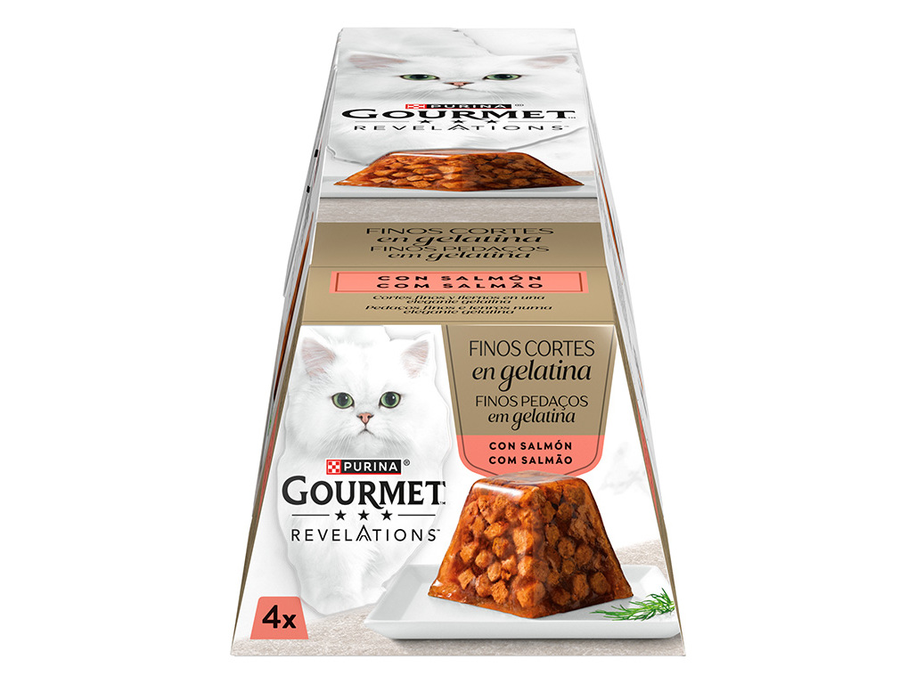 COMIDA HÚMIDA PARA GATO GOURMET REVELATIONS FINOS PEDAÇOS EM GELATINA SALMÃO 4X57G