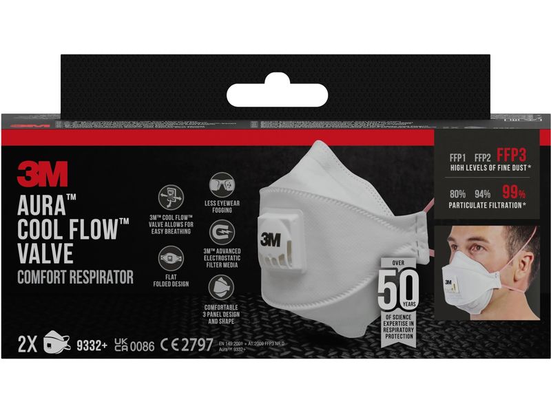 3M Atemschutzmaske 9332  FFP3 Feinstaubmaske für Dämmstoffe und Hartholz, FFP3 - Faltmaske mit Ventil