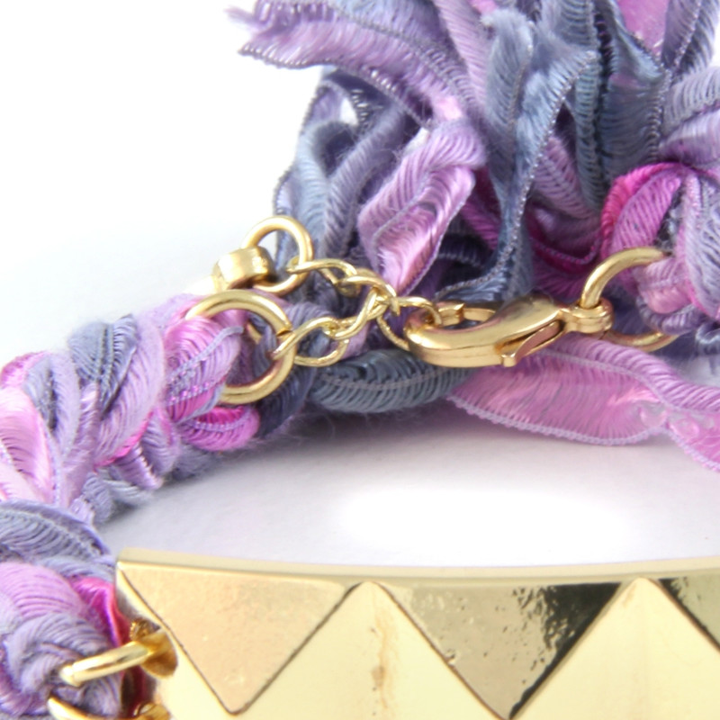Ettika - Bracelet Pyramide en Or Jaune et Coton Rubans Tressés Violets