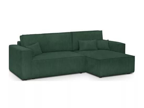 Canapé d'angle convertible réversible 4 places avec coffre de rangement en velours côtelé vert foncé - Livia
