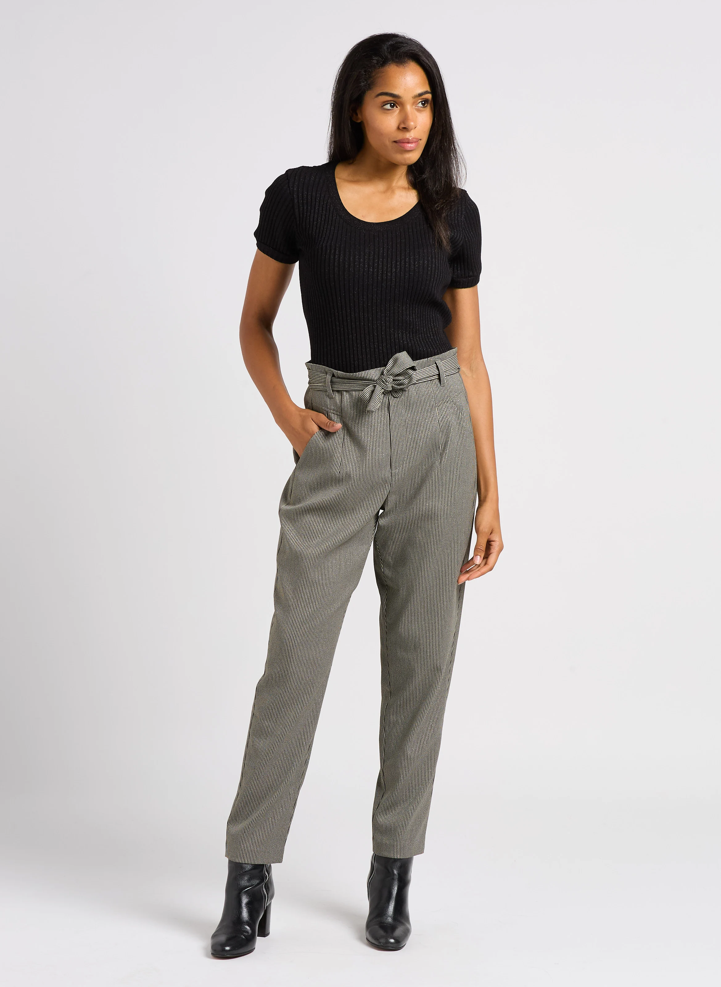 PAVEL - Pantalon carotte pied de poule| Noir