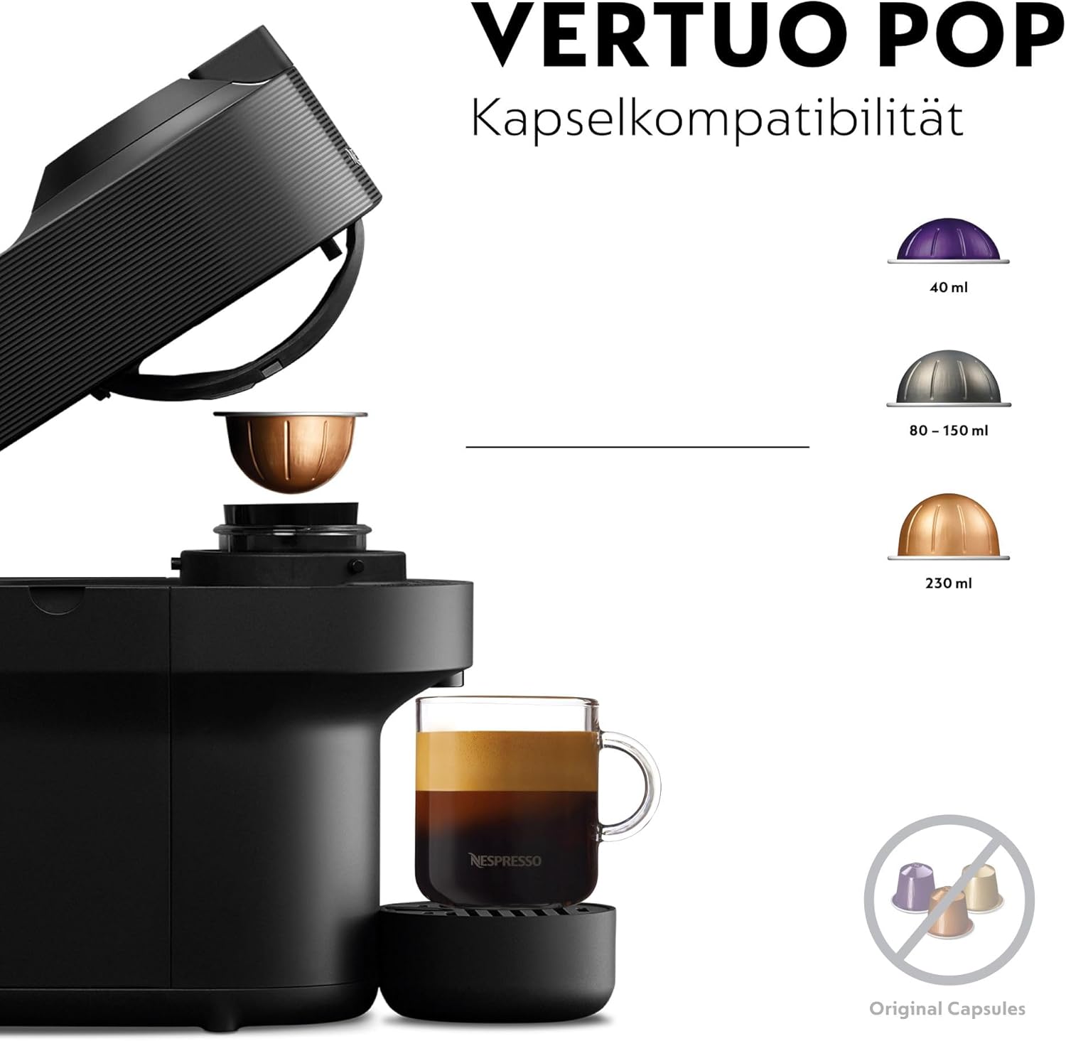 Nespresso De'Longhi ENV90.BAE Vertuo Pop, Kaffeekapselmaschine + Aeroccino, Centrifusion-Technologie, Willkommens-Paket Inbegriffen, 1260W, Schwarz