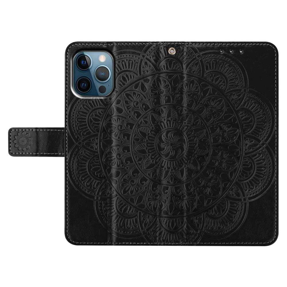 iPhone 16 Pro Max Leder Tasche Wallet - Mandala Flowers Imprint - Schwarz