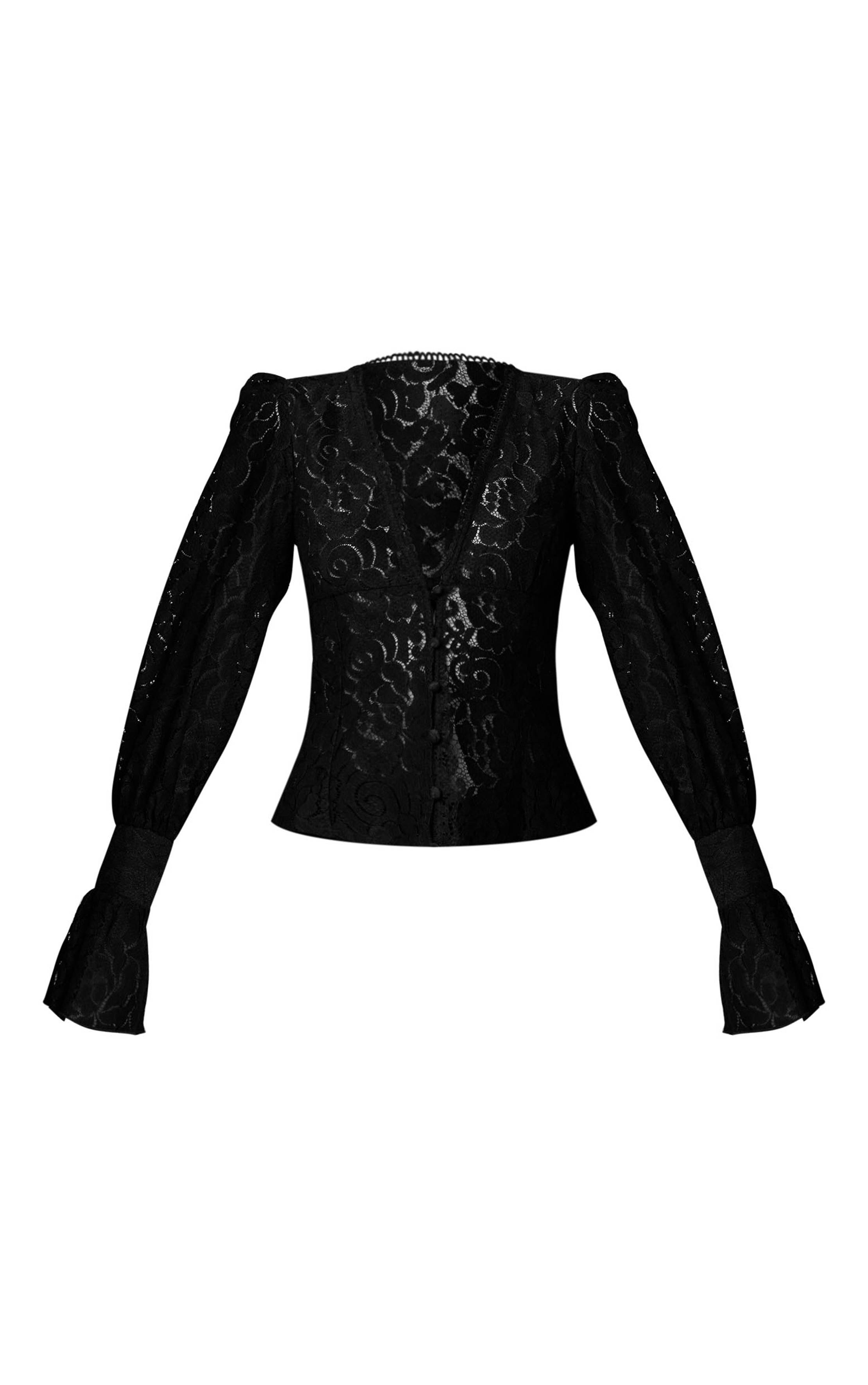 Noir Ensemble Coordonné Blouse En Dentelle Transparente À Décolleté Plongeant Et Manches Bouffantes