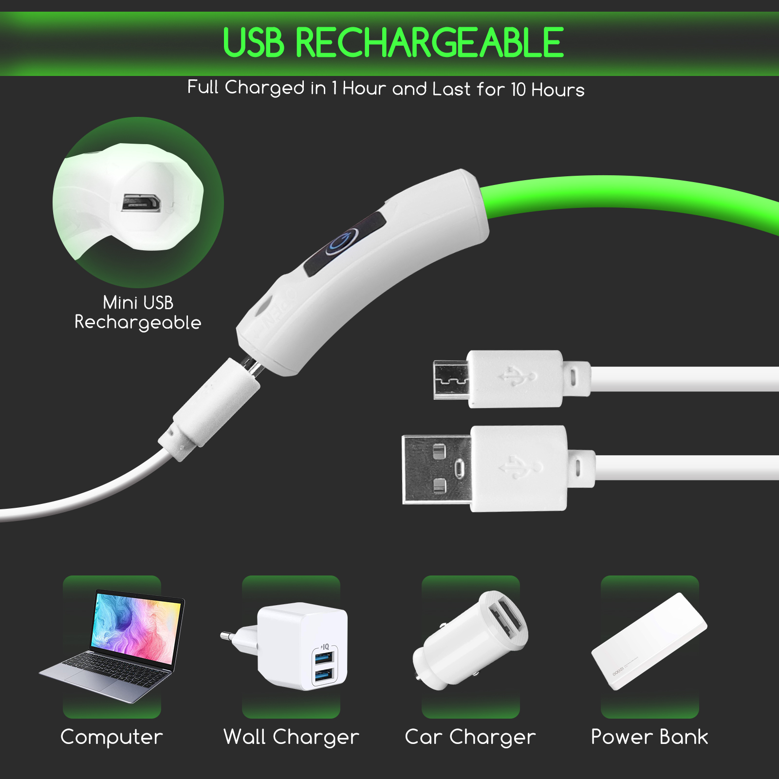 Nobleza - 2 × Coleira de Segurança Personalizada com Luzes para Cães, 3 Modos de Iluminação, Recarregável via USB, Ajustável e Impermeável, para Cães de Pequeno, Médio e Grande Porte (Verde)