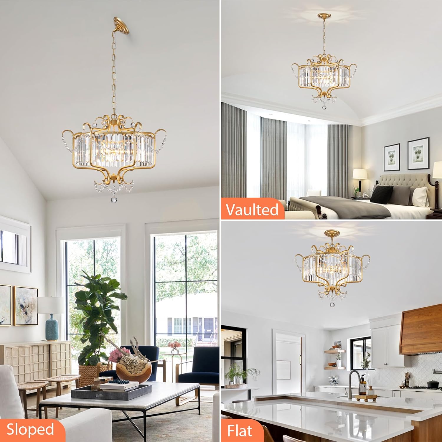 Goldene Kristall Kronleuchter, 6-Licht Moderner Rustikaler Pendelleuchte für Wohnzimmer, Schlafzimmer und Esszimmer, E14 Sockel Deckenlampe, Luxuriöse Hängeleuchte mit Rundem Schirm