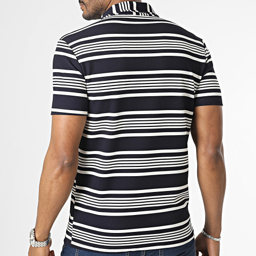 Polo Manches Courtes Col Zippé A Rayures Bleu Marine
