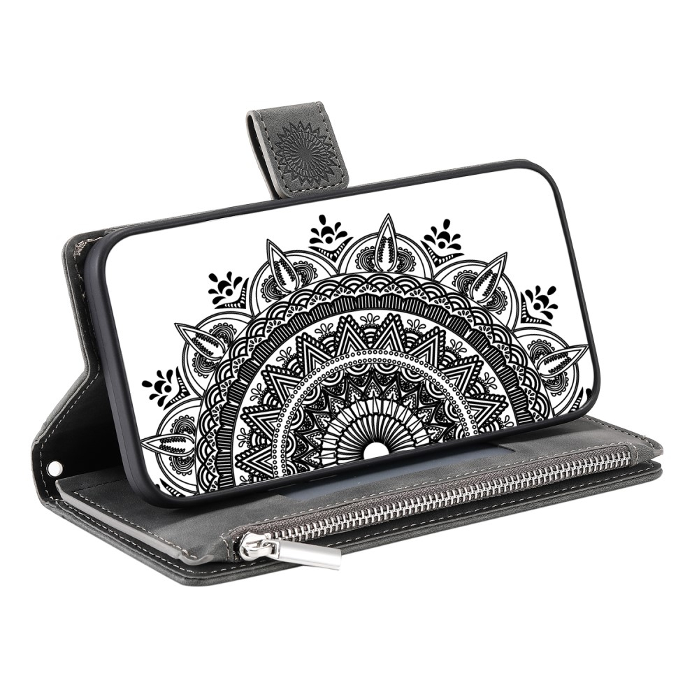 iPhone 15 Leder Tasche Flip Cover mit Reissverschluss - Mandala Flowers Imprint - Grau