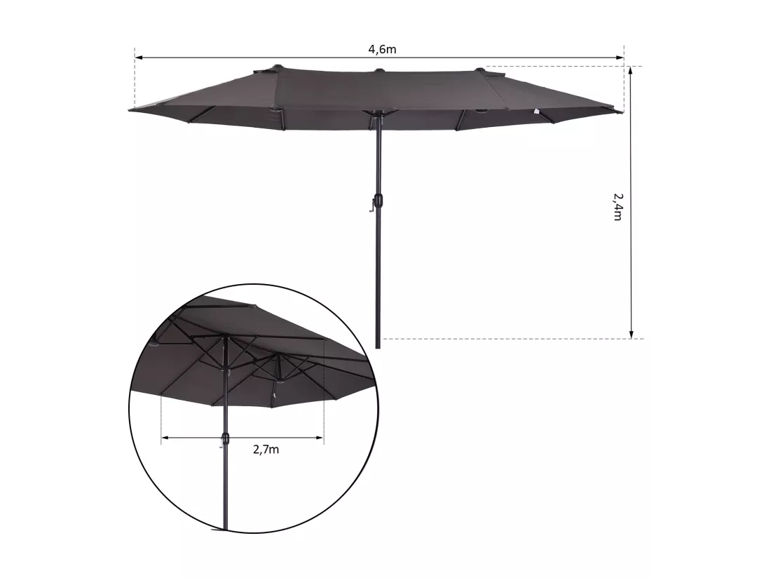 Parasol de jardin XXL parasol grande taille 4,6L x 2,7l x 2,4H m ouverture fermeture manivelle acier polyester haute densité gris