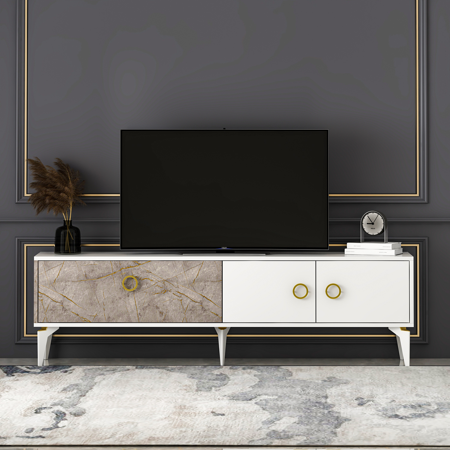 TV-Lowboard - weiß-beige - 3-türig - 180 cm
