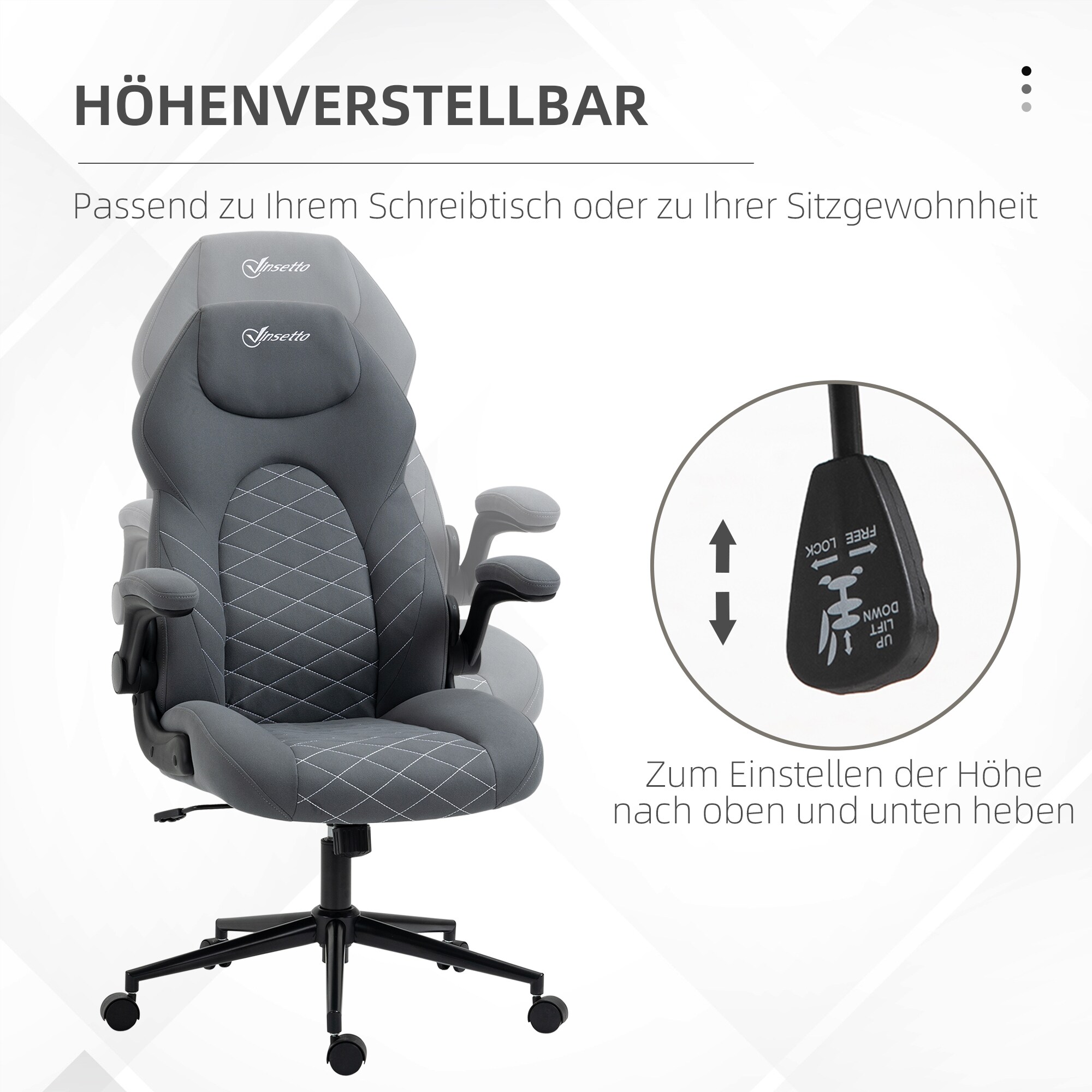 Vinsetto Bürostuhl mit Kopfstütze und Armlehnen grau 65,5L x 69,5B x 112-122H cm