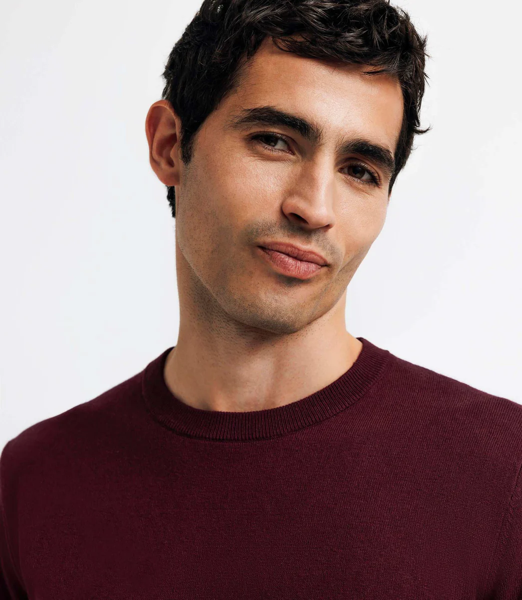 Pull col rond double fil bordeaux
