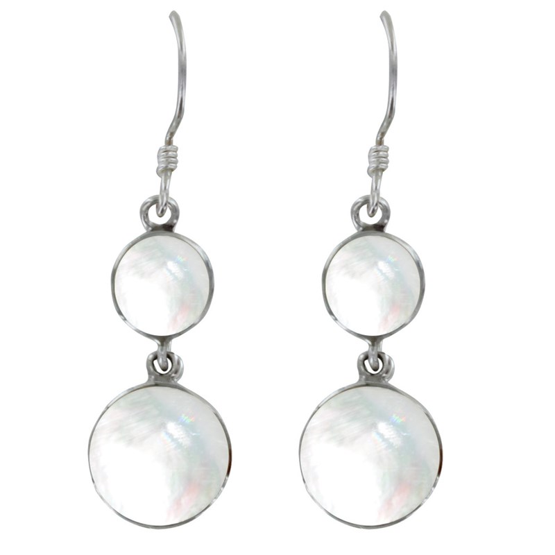 Boucles d'Oreilles en Argent et Deux Pastilles de Nacre Blanches