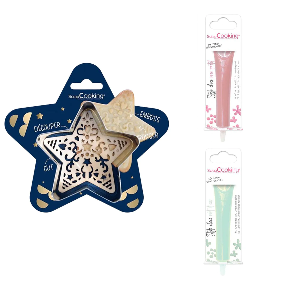 Kit pour biscuit en relief Étoile + 2 Stylos au chocolat rose pastel e