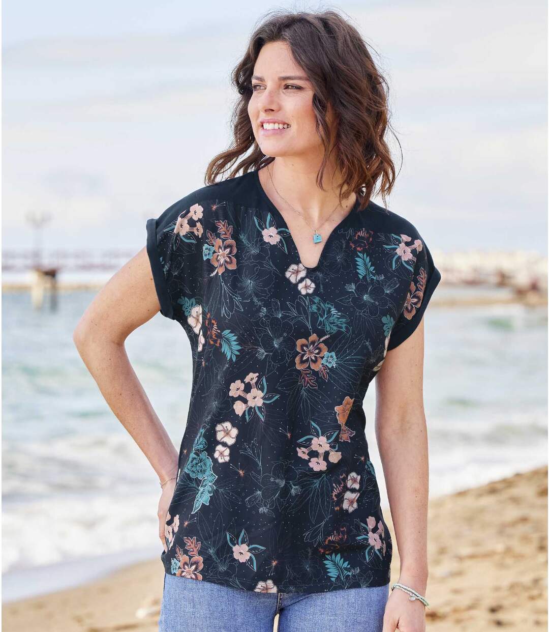 Tee-Shirt Bi-Matière Imprimé Fleurs
