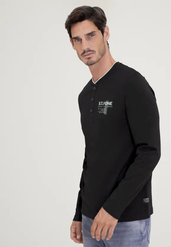 Henleyshirt mit Brustprint - Black
