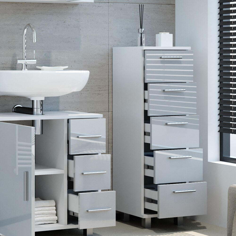 Vicco Midischrank Badschrank Badezimmermöbel Ilias Weiß Hochglanz modern 30x95cm Badezimmer Schrank Badmöbel Badezimmerkommode Badkommode Schrankschublade Ablage Aufbewahrung