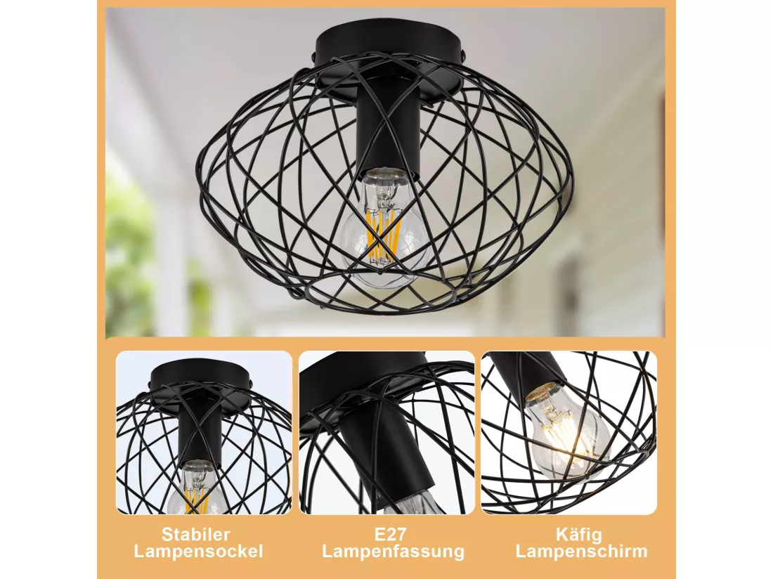NETTLIFE Plafonnier cage noire spot de plafond vintage E27 douille métal