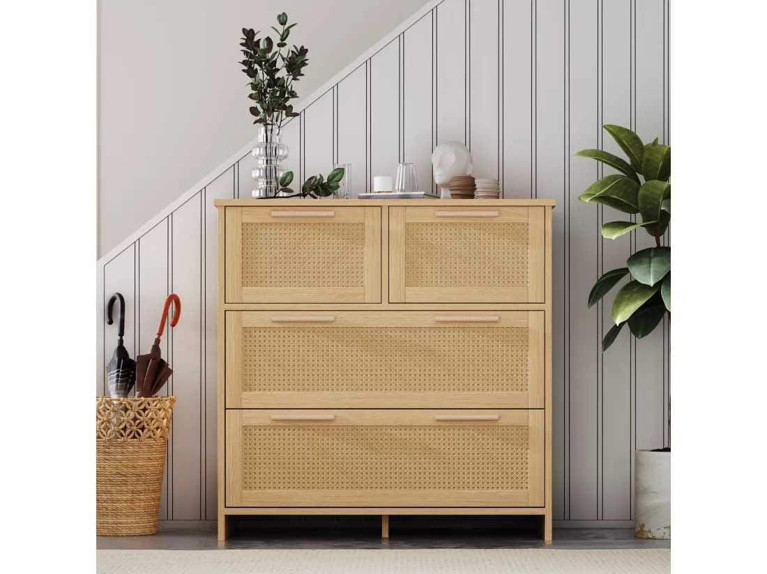 Armoire en rotin à 4 tiroirs avec poignées en bois massif,d80cm×h38cm