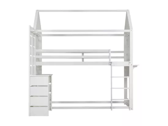 Lit superposé pour enfants 90x200 cm, avec protection contre les chutes et rails, table, étagères ouvertes, deux fenêtres, pin + MDF, blanc