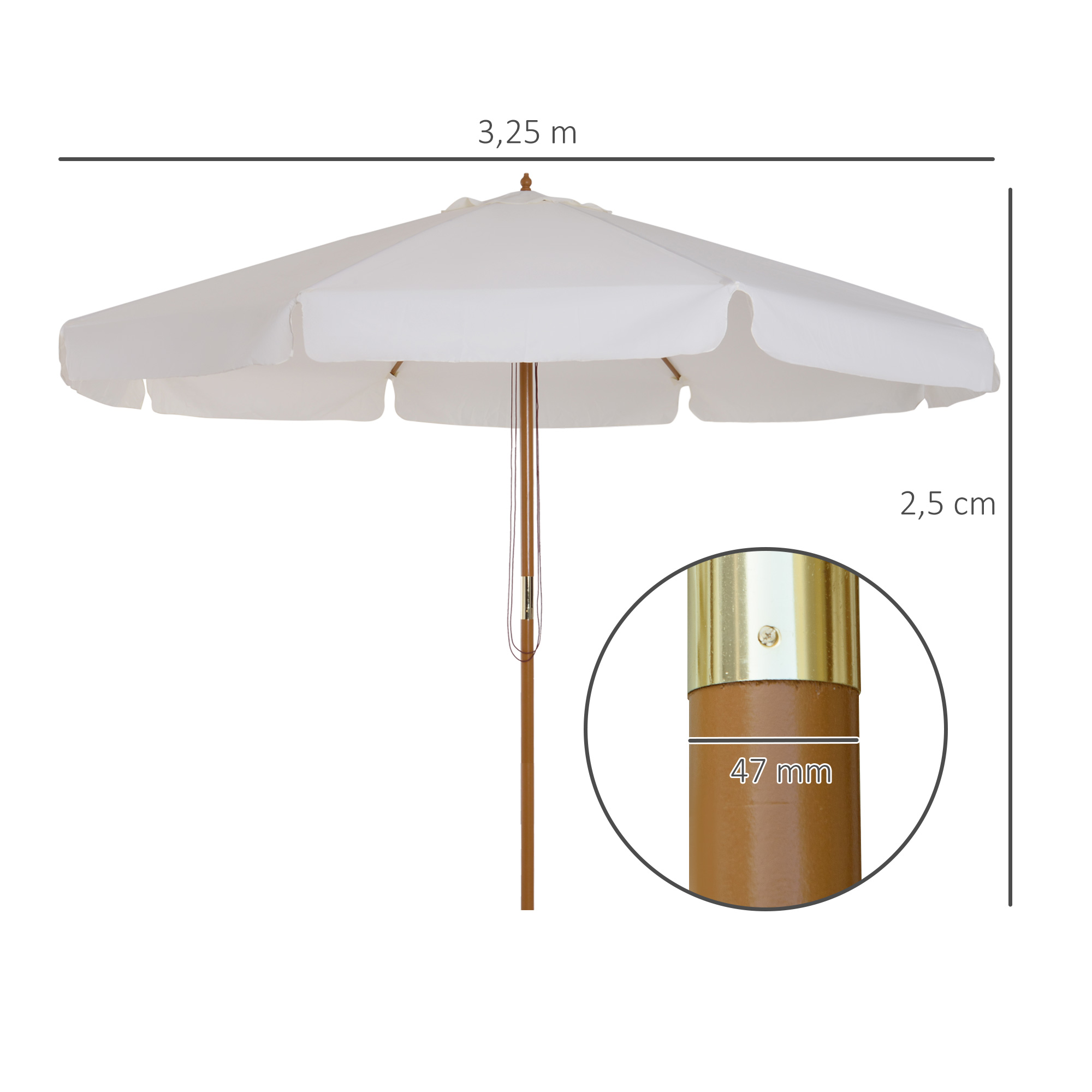 Guarda-sol de jardim Outsunny Ø325x250 cm em madeira com sistema de polias, cobertura ventilada e 8 varetas de bambu para terraço e varanda, cor bege.