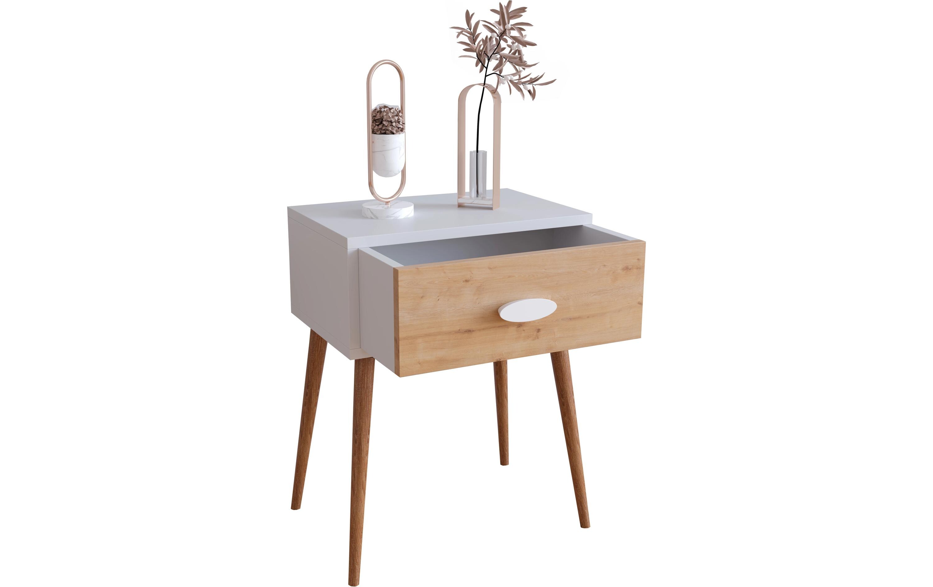 Nachttisch Singol L 44.5 x 60 cm, Honig-Eiche/WeissNachtschrank im Retro-Design