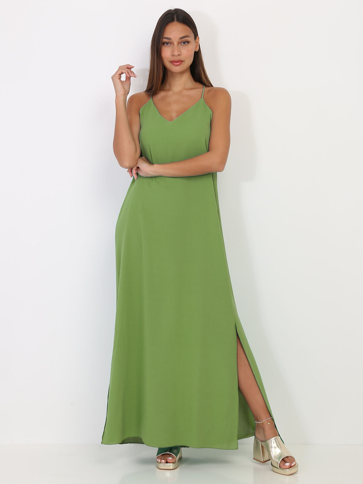 Robe longue fendue à dos croisé- Vert olive