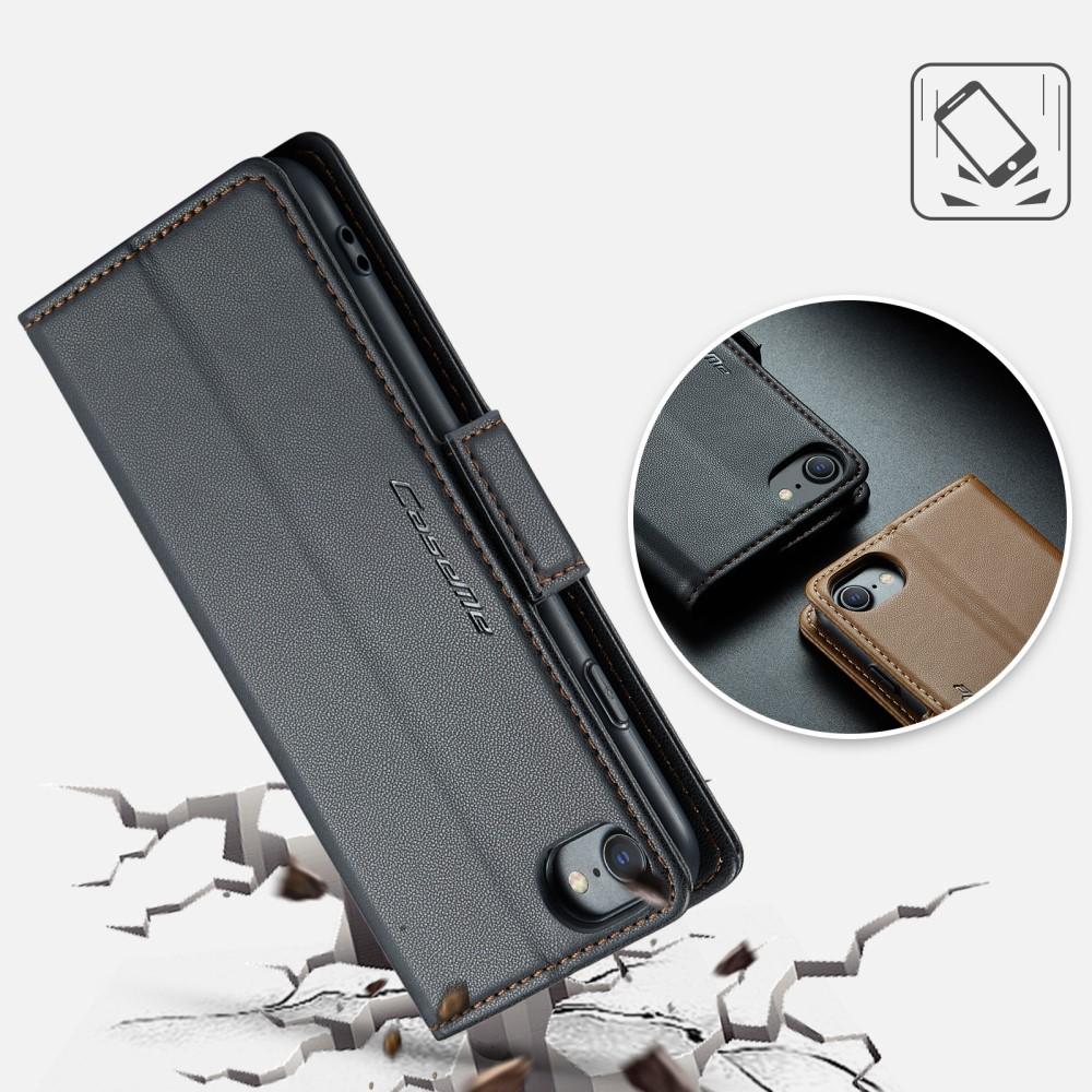 iPhone SE (2022/2020) / 8 / 7 / 6S Leder Tasche Flip Wallet Etui mit Kartenfächern Litchi Look (RFID Schutz) - Schwarz