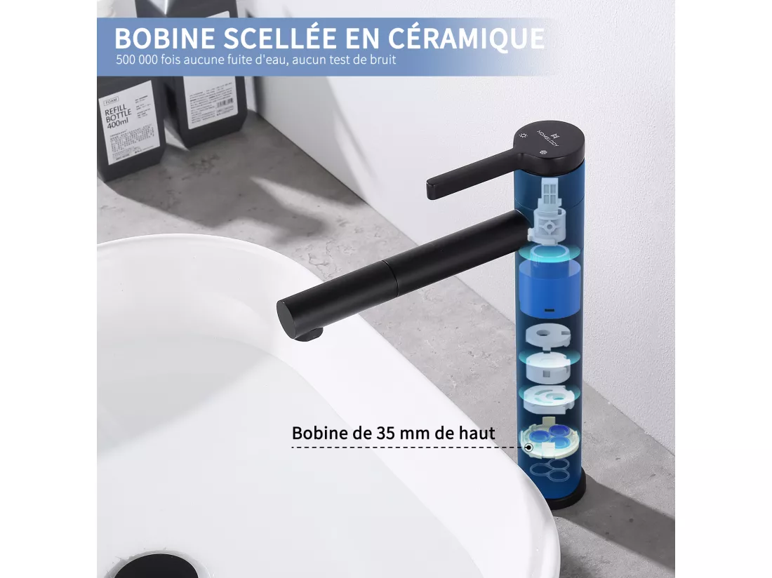 Noir Robinet Salle de Bain Mitigeur pour Vasque Haut Bec Pivotant 360° Robinetterie de Lavabo en Acier Inox Design Moderne