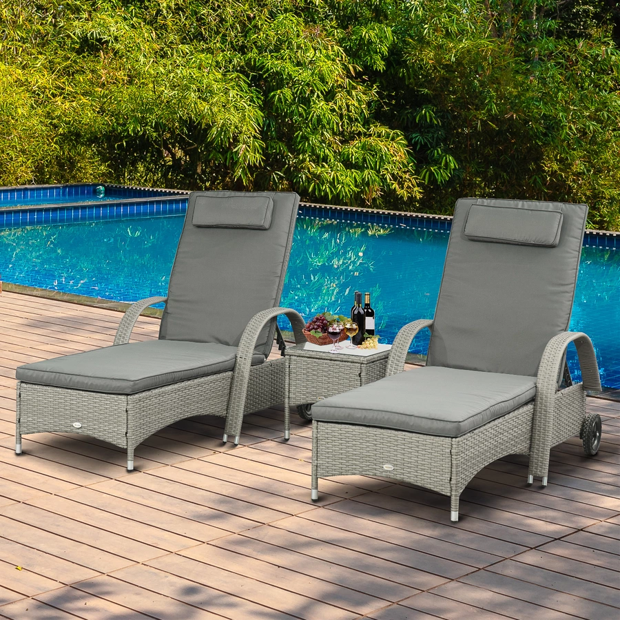 Outsunny Rattan Sonnenliegen mit Tisch grau