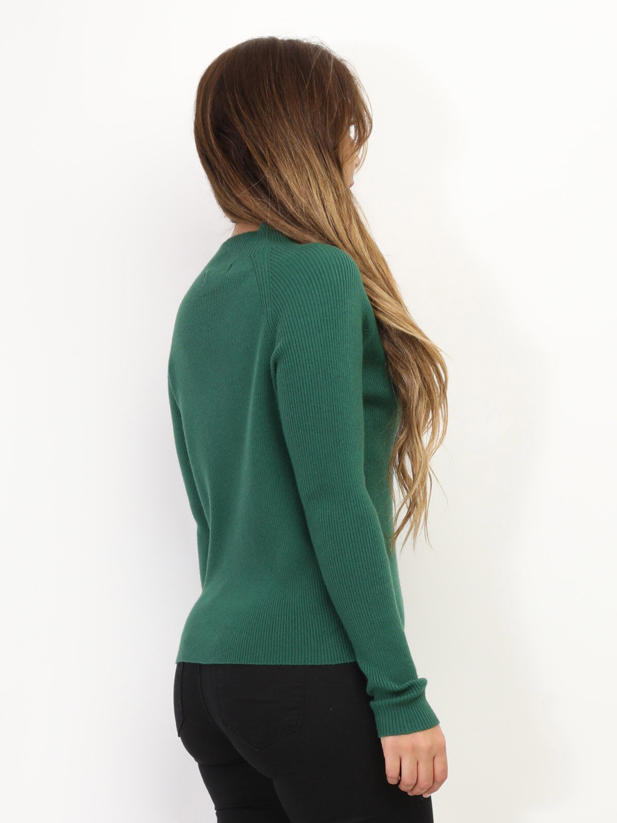 Pull côtelé à col montant- Vert foncé