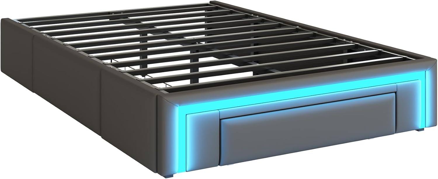 okwish Polsterbett 90x200 cm Einzelbett, Jugendbett Funktionsbett mit 2 Schubladen & LED-Lichtleiste, Gepolstertes Metallbett Bettgestell mit Lattenrost aus Metalllatten, PU-Leder Grau, Ohne Matratze