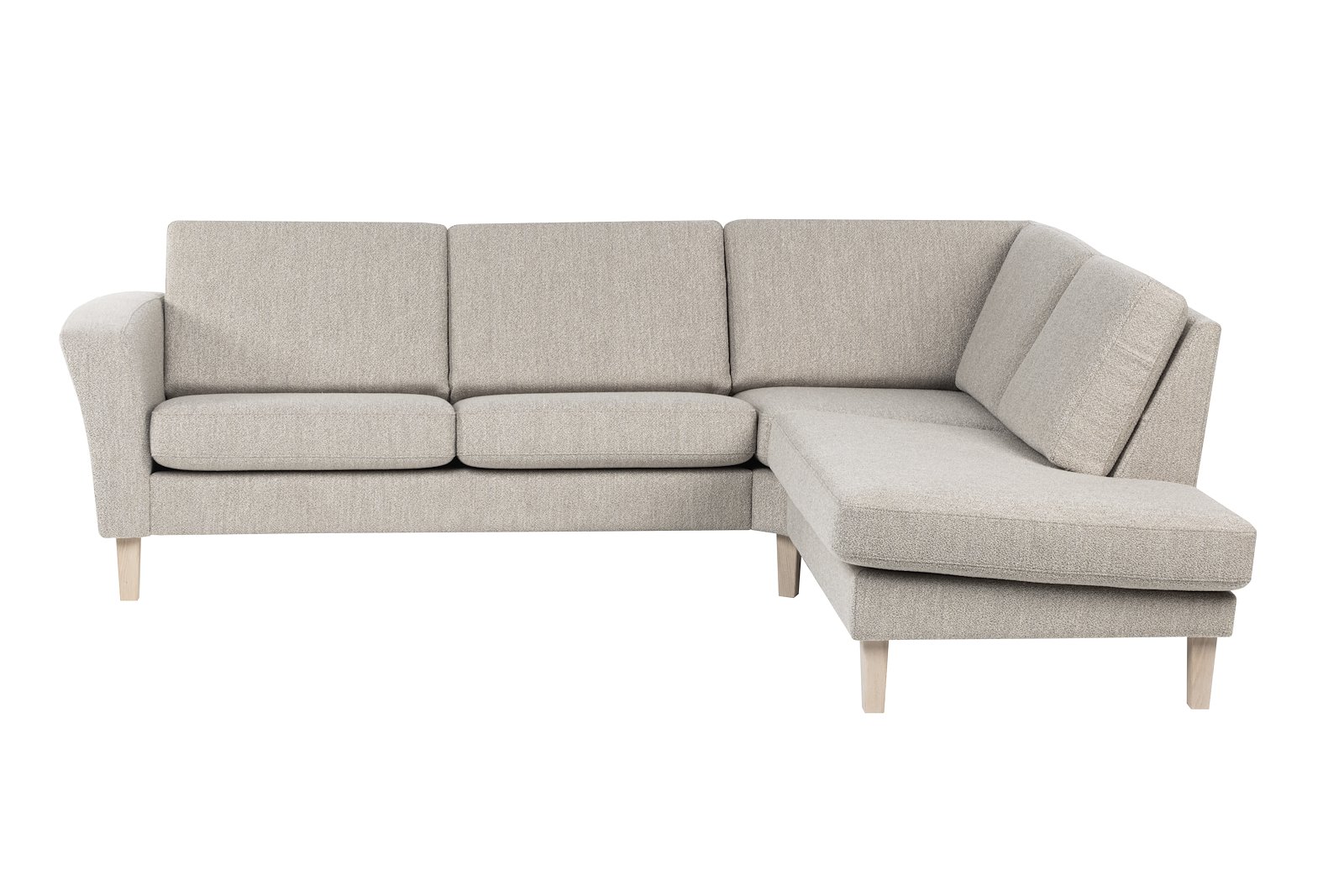 Slogen hjørnesofa Oppsett AH. 2,5-seter med åpen ende høyre. Tekstil Dragon Sand med standard ryggpute. Vange A og hvitpigmentert ben 178.