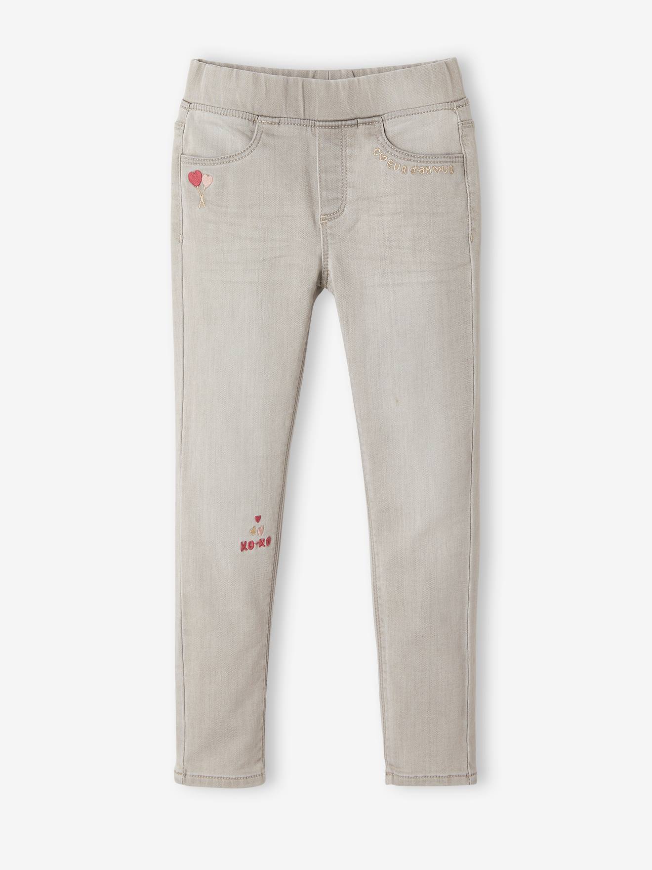 Calça legging feminina em tecido atoalhado bordado com efeito jeans, na cor cinza jeans.