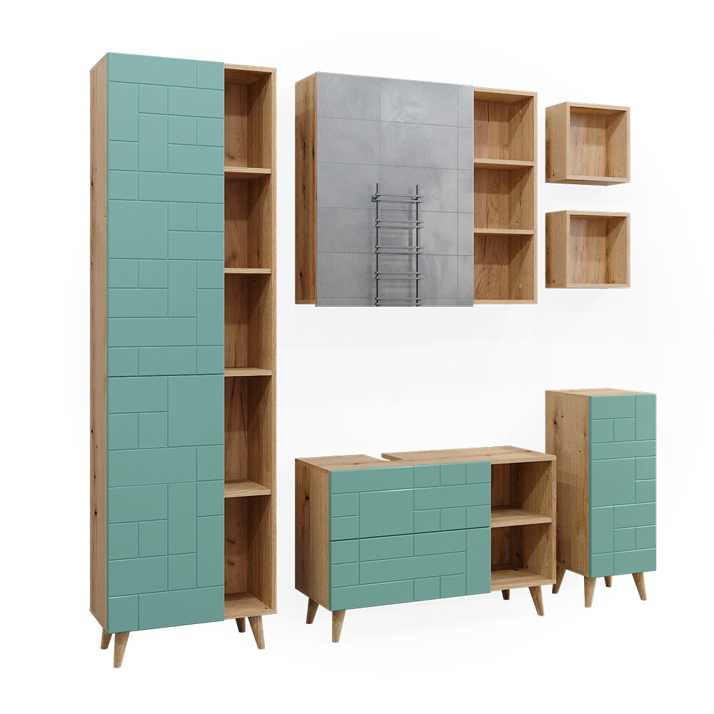Vicco Badmöbel-Set Rudi in Eiche Evoke Mintgrün, Badezimmer, moderne Badserie Waschbeckenunterschrank Spiegelschrank Midischrank Hochschrank Wandregal