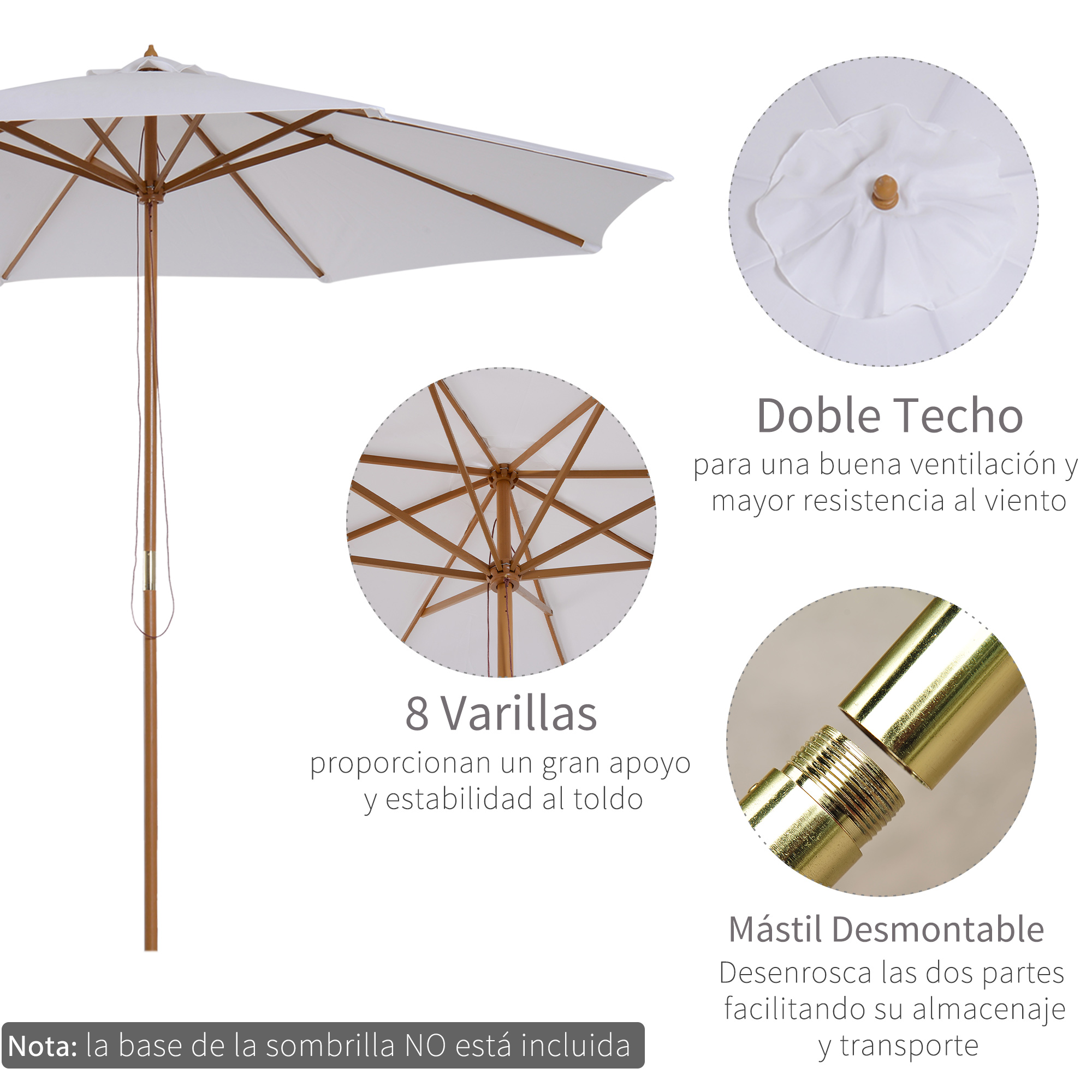 Guarda-sol de jardim Outsunny Ø300x250 cm com sistema de fixação por trava, cobertura ventilada e mastro de madeira removível para terraço, pátio e área externa, branco.