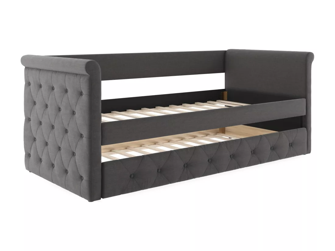 Lit banquette gigogne capitonné LOUISE - 2x90x190cm - tissu gris