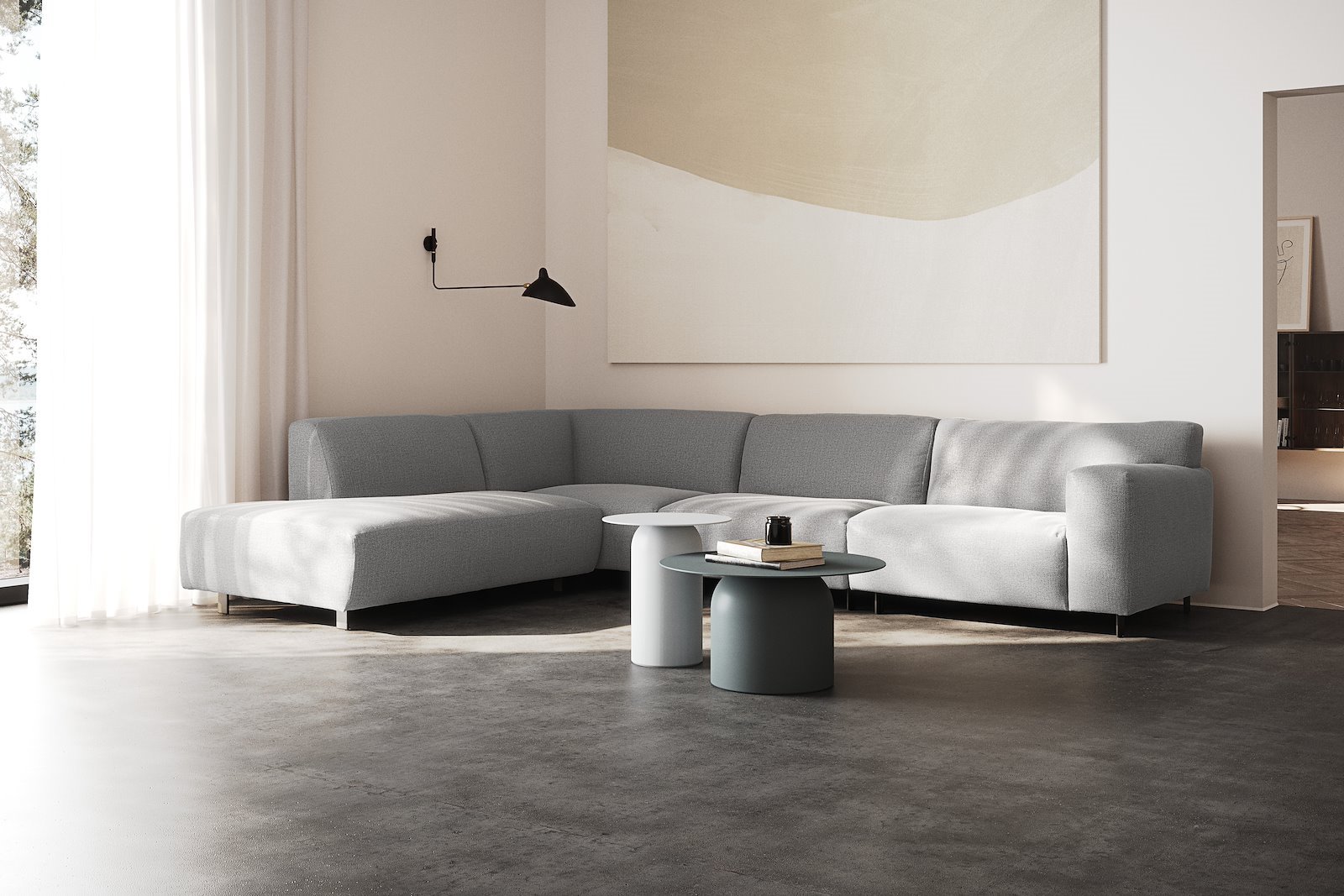 Vesta hjørnesofa 3-seter med åpen ende venstre, Big hjørnemodul, Tekstil Marsel Light grey, standardsøm, sort metallben 10 cm, Comfort CM