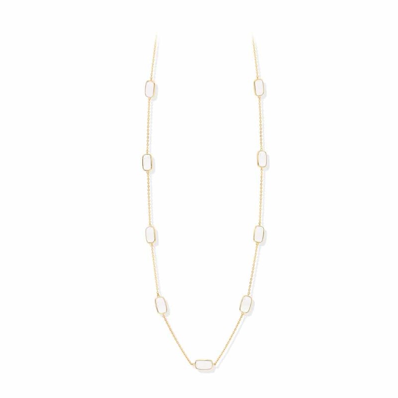 Collier Sautoir Argent Doré Galet Cristal Blanc