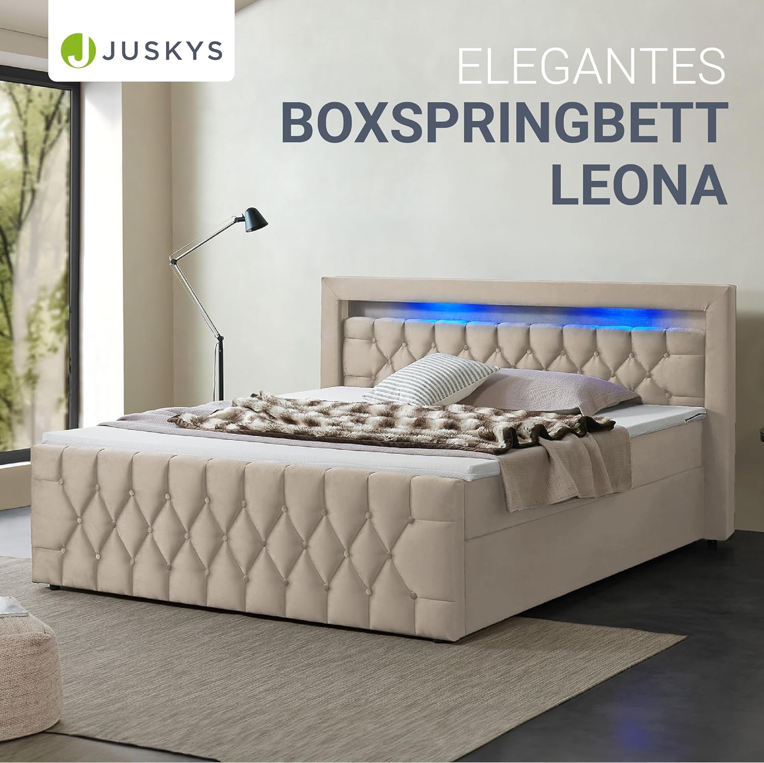 Juskys Boxspringbett Leona 180x200 cm - Bett mit LED Beleuchtung, Topper & H4 Federkern Matratzen - Doppelbett mit Samt und Steppung - Beige